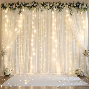 Ivory Sheer Backdrop Curtains with Lights String for Parites Wedding Tulle Backdrop Curtains for Baby Shower Birthday Party Photo Background