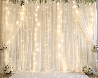Ivory Sheer Backdrop Curtains with Lights String for Parites Wedding Tulle Backdrop Curtains for Baby Shower Birthday Party Photo Background