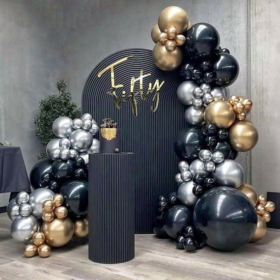 RUBFAC Kit De Arco De Guirnalda De Globos Negros Y Dorados, Globos Negros Y Blancos Y Dorados Para Decoración De Fiesta De Cumpleaños De Graduación De Halloween, Fiesta De Cumpleaños