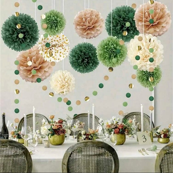 Déco Fête Vert Sauge - Pompons Papier De Soie 31x26cm - Pour Mariage, Anniversaire, Baby Shower