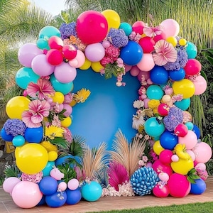 Hot Pink Teal Balloon Arch Double Stuffed Royal Blue Pink Yellow Purple Balloons Turquoise Pastel Lavender Balloon Garland Kit for Tropical