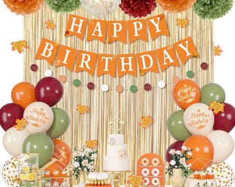 Herbstliche Geburtstagsdekorationen in Salbeigrün und Orange für Mädchen und Frauen, olivgrüne, beige und burgunderrote Konfetti-Luftballons mit Ahornblatt-Fransenvorhang