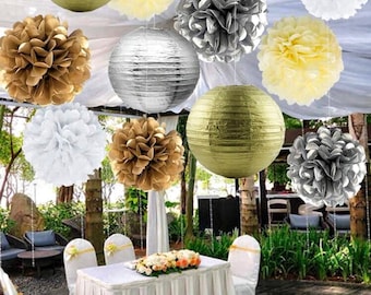 Silber Gold Party Dekorationen Luftschlangen 12 Stück Geburtstag, Babyparty Hochzeit Verlobung Papierlaternen Fan, Gewebe Pom Poms, Partydekorationen