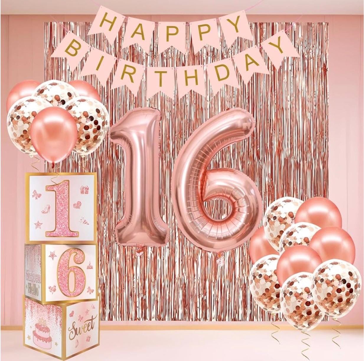 127 Pezzi Oro Rosa Stoviglie per Feste, 16 Ospiti Decorazioni Compleanno Bambina con Palloncini, Piatti di Carta, Bicchieri, Tovaglia, Banner, Tovaglioli, per Feste Decorazione, Anniversari, Lauree