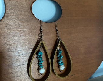 Leather Teardrop Turquoise Earrings