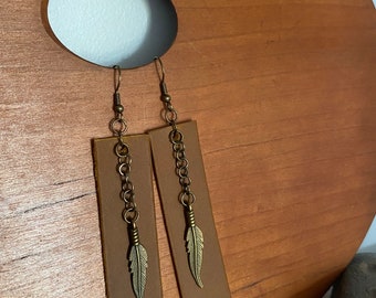 Leather Earrings with Feather