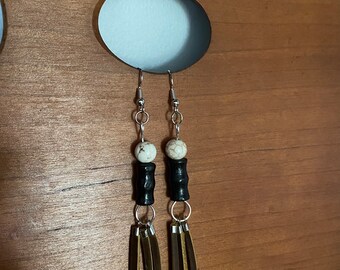 Black/White Leather Tassel Earrings