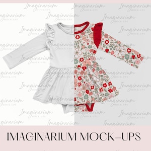 Puede incluir: Una maqueta de un vestido de bebé con un corpiño blanco y una falda de estampado floral. El vestido tiene un ribete rojo y un volante alrededor del escote. El vestido está sobre un fondo blanco con el texto "Imaginarium Mock-Ups" en la parte inferior.