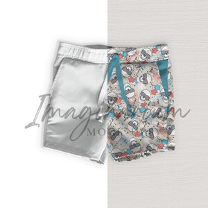 May include: White and patterned swim trunks. The patterned side features a white background with a repeating pattern of skulls wearing sunglasses, red stars, and blue confetti. The white side is plain.