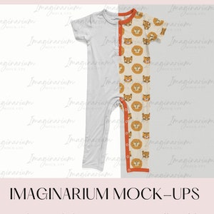 May include: A white and cream baby onesie with a lion print on the right side and a plain white onesie on the left side. The onesie has a snap closure at the crotch and a button closure at the neck. The onesie is a mockup for a digital download.