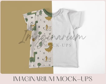 May include: A white t-shirt mockup with a patterned t-shirt on top. The patterned t-shirt has a green, brown, and white design with dinosaurs and other animals. The text "Imaginarium Mock-Ups" is visible at the bottom of the image.