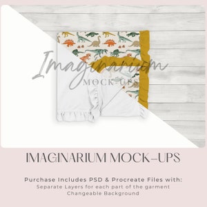 May include: A baby blanket with a dinosaur pattern in shades of green, orange, and beige. The blanket has a white ruffled edge and a mustard yellow border. The image also includes the text "IMAGINARIUM MOCK-UPS".