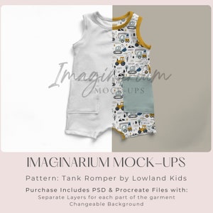 May include: A white sleeveless romper with a yellow trim and a pocket on the front. The romper has a pattern of construction vehicles and trees in yellow, blue, and gray. The text "Let's Go" is printed on the romper.