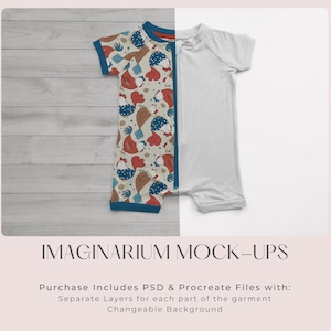 May include: A mock-up of a baby onesie with a chicken print on one side and a plain white side. The onesie is laid flat on a wooden surface. The text "IMAGINARIUM MOCK-UPS" is at the bottom of the image. The text "Purchase Includes PSD & Procreate Files with: Separate Layers for each part of the garment Changeable Background" is also included.