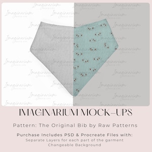 May include: A mockup of a gray and blue bandana bib with a cloud and bear pattern. The bib is on a white background with the text "Imaginarium Mock-Ups" and "Pattern: The Original Bib by Raw Patterns".