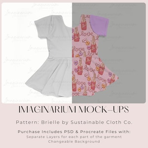 May include: A mock-up of a white and pink dress with a pattern of champagne bottles and hearts. The dress has a ruffled skirt and short sleeves. The text "love" is repeated throughout the pattern. The text "Imaginarium Mock-Ups" is at the bottom of the image. The text "Pattern: Brielle by Sustainable Cloth Co." is below the mock-up. The text "Purchase Includes PSD & Procreate Files with: Separate Layers for each part of the garment Changeable Background" is below the pattern text.