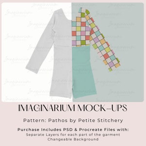 May include: A mock-up of a children's romper in white, mint green, and a colorful checkered pattern. The romper has long sleeves and short legs. The text "IMAGINARIUM MOCK-UPS" is at the bottom of the image.