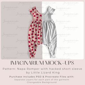 May include: A pink and white romper with a ladybug print. The romper has a hacked short sleeve and a loose fit. The romper is laid flat on a white background.  IMAGINARIUM MOCK-UPS Pattern: Napa Romper with hacked short sleeve by Little Lizard King Purchase Includes PSD & Procreate Files with: Separate Layers for each part of the garment Changeable Background