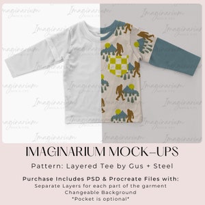May include: A layered tee mockup with a white blank front and a beige back with a pattern of a Bigfoot character, mountains, and trees. The text "IMAGINARIUM MOCK-UPS" is at the bottom of the image. The text "Pattern: Layered Tee by Gus + Steel" is below the title. The text "Purchase Includes PSD & Procreate Files with: Separate Layers for each part of the garment Changeable Background *Pocket is optional*" is below the pattern description.