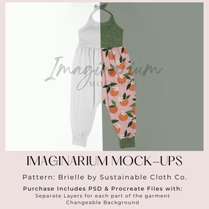 May include: A white and pink jumpsuit with a green polka dot halter top and orange fruit print on the pants. The jumpsuit is a mock-up for a digital download.