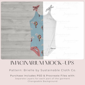 May include: A mock-up of a baby bodysuit. One side features a light blue fabric with a hot air balloon pattern, the other side is plain white. The bodysuit has tie straps and pink trim. The text "IMAGINARIUM MOCK-UPS" is at the bottom.