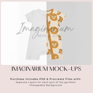 May include: A white baby onesie with a zipper down the front and a beige baby onesie with a lion print. The text "Imaginum Mock-Ups" is at the bottom of the image. Purchase Includes PSD & Procreate Files with: Separate Layers for each part of the garment Changeable Background