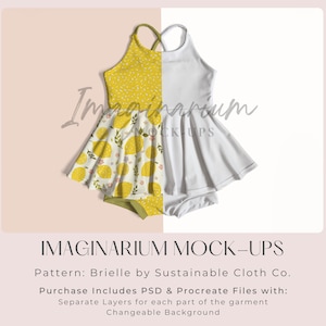 May include: A white and yellow sleeveless dress with a lemon print. The dress is layered with a white underskirt. The dress is photographed on a white and pink background.  Imaginarium Mock-Ups. Pattern: Brielle by Sustainable Cloth Co. Purchase Includes PSD & Procreate Files with: Separate Layers for each part of the garment Changeable Background