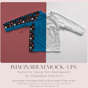 Puede incluir: Una camiseta azul de manga larga con un patrón de estrellas blancas y rojas en la manga izquierda. La camiseta está colocada sobre un fondo blanco y rojo. El texto "Imaginarium Mock-Ups" está impreso debajo de la camiseta. El texto "Patterns: Hang Ten Rashguard by Peekaboo Patterns" está impreso debajo del título. El texto "Purchase Includes PSD & Procreate Files with: Separate Layers for each part of the garment Changeable Background" está impreso debajo de la descripción del patrón.