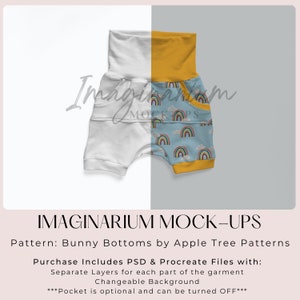 Maquette de short Grow With Me, poche en option pour short Bunny Bottoms, maquette réaliste Photoshop et Procreate, maquette de vêtements personnalisables
