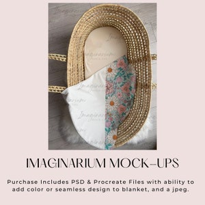 May include: A woven wicker bassinet with a soft, cream-colored mattress and a floral-patterned blanket. The blanket features a white background with a vertical strip of pink and peach flowers. The text "IMAGINARIUM MOCK-UPS" is visible.