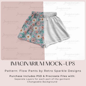 Flow Wide Leg Shorts Mock Up, Elastic Waist Shorts Realistic Clothing Mockup, Customizable mock up for photoshop and procreate