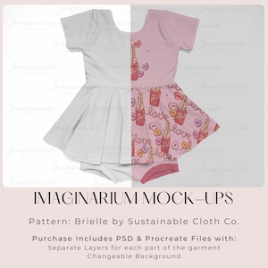 May include: Mockup of a pink and white dress with a heart and bottle print. The dress has a ruffled skirt and short sleeves. The text "love" is repeated on the dress. The text "Imaginarium Mock-Ups" is at the bottom of the image. The text "Pattern: Brielle by Sustainable Cloth Co." is below the text "Imaginarium Mock-Ups". The text "Purchase Includes PSD & Procreate Files with: Separate Layers for each part of the garment Changeable Background" is below the text "Pattern: Brielle by Sustainable Cloth Co."