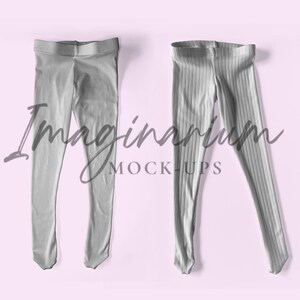 May include: Two pairs of light gray leggings are displayed against a soft pink background. One pair is smooth, while the other features vertical ribbing. The word "Imaginarium" and "MOCK-UPS" are written in cursive across the image.