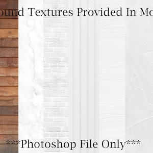 K&ouml;nnte beinhalten: F&uuml;nf verschiedene Hintergrundtexturen zur Verwendung in Photoshop-Mockups. Die Texturen umfassen Holz, Ziegel, Marmor und zwei verschiedene Arten von wei&szlig; gestrichenen W&auml;nden.