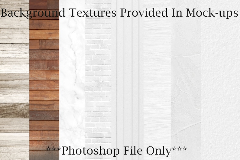 K&ouml;nnte beinhalten: F&uuml;nf verschiedene Hintergrundtexturen zur Verwendung in Photoshop-Mockups. Die Texturen umfassen Holz, Ziegel, Marmor und zwei verschiedene Arten von wei&szlig; gestrichenen W&auml;nden.