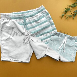 Maqueta de pantalones cortos de tabla para papá y yo, maqueta de pantalones cortos de tabla para adultos y niños, maqueta de bañador, maqueta realista en Photoshop y Procreate