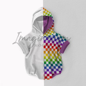 May include: A baby romper with a white body and a checkered rainbow pattern on the hood and sleeves. The hood and sleeves have a purple trim. The romper has short sleeves and a hood.