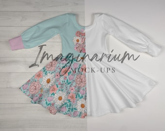 Könnte beinhalten: Ein Mock-up eines langärmeligen Kleides, zur Hälfte weiß und zur Hälfte hellblau. Die hellblaue Seite hat einen floralen Rock mit rosa und weißen Blumen und dem Text "Grow Your Own Way". Die Ärmel haben rosa Bündchen.