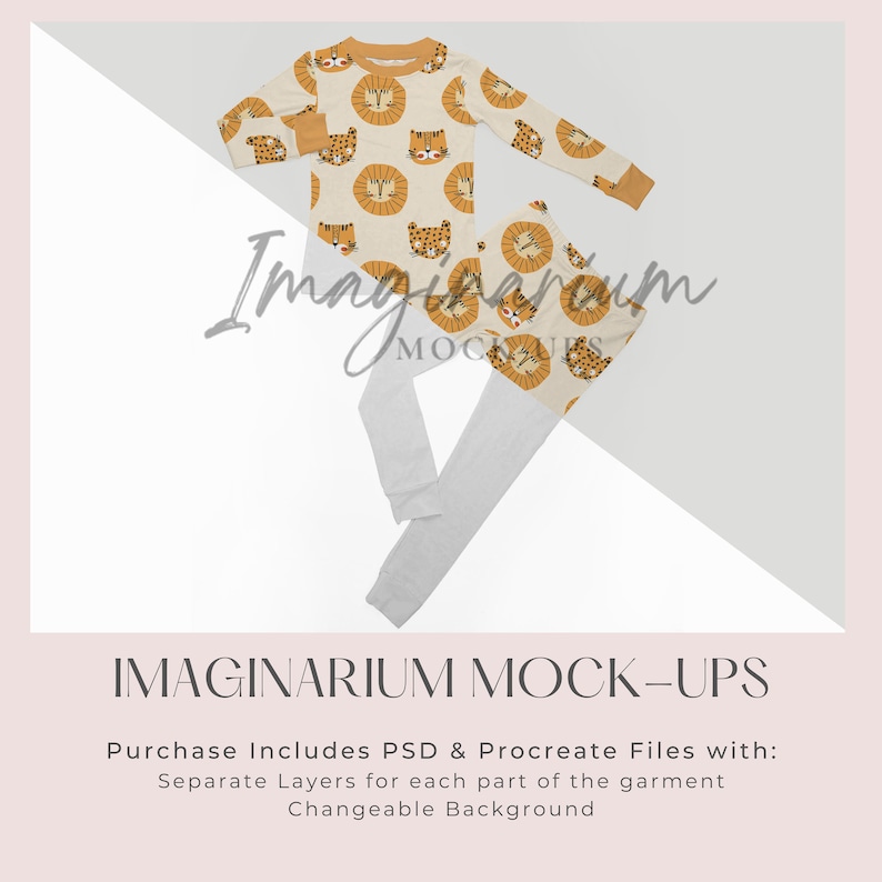 May include: A set of pajamas for children featuring a beige long-sleeved shirt and matching pants with a repeating pattern of orange and brown lion faces.  The pajamas are laid out on a white background.