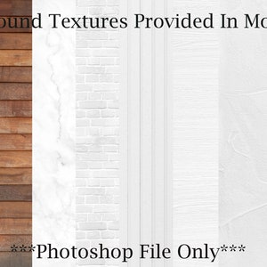 May include: Five different background textures for use in Photoshop mockups. The textures include wood, brick, marble, and two different types of white painted walls.