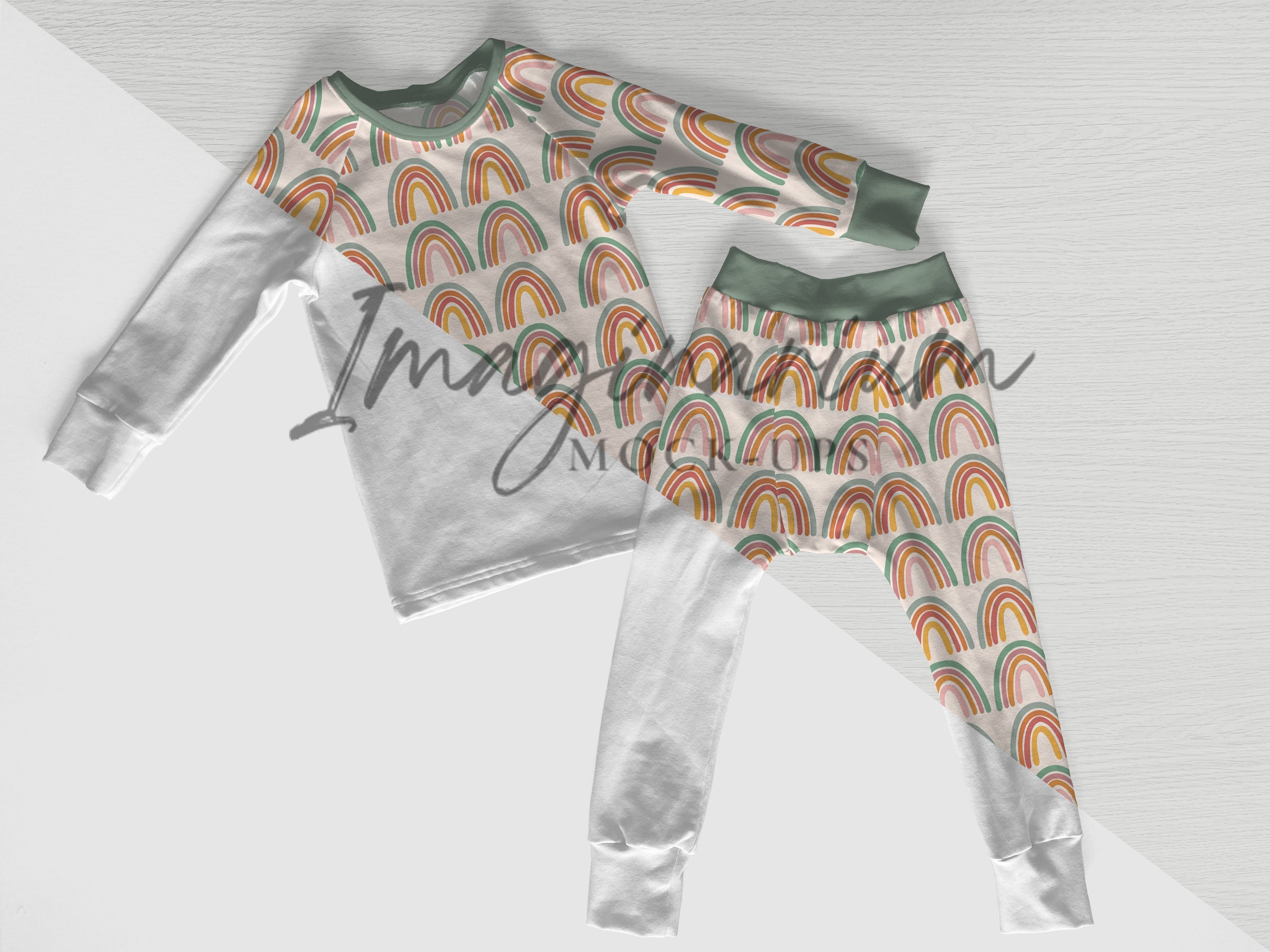 Raglan Pajama Set Fabric Waistband mock up, Raglan PJ Set Pants and Shirt mockup, Realistic Photoshop mock-up, customizable Procreate mockup