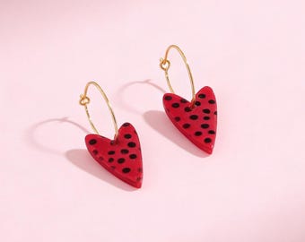 Red Polka Dot Heart Hoop Earrings | Handmade Polymer Clay Statement Jewellery By Mila Studio