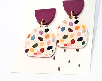 Burgundy Confetti Dangle Earrings: Modern Polymer Clay Jewelry