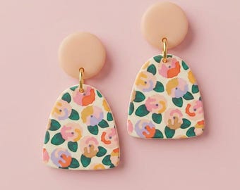 Floral Earrings, Pink Polymer Clay Dangles, Boho Flower Statement Jewelry, Lightweight Handmade Gift for Her, Spring Bloom Earrings