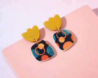 Handmade Polymer Clay Earrings | Mustard & Teal Dangle Drop Earrings | Boho Statement Earrings | Gift for Her | Jewellery by Mila Studio