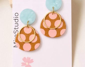 Polka Dot Earrings | Bold Dangle Earrings in Terracotta and Mint | Play Haus Aesthetic Statement Jewellery | Gifts for Her