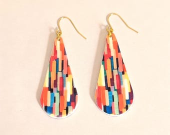 Teardrop earrings, colourful mosaic jewellery, dangle gold hook earrings, boho statement jewelry, Statement Polymer Clay by Mila Studio