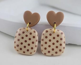 Heart Dangle Earrings | Brown Polka Dot Polymer Clay
