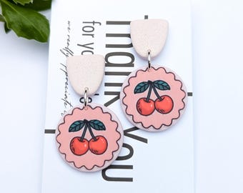 Handmade Cherry Dangle Earrings: Polymer Clay Kawaii Fruit Jewelry