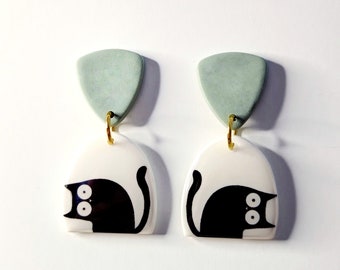 Unique Green Handmade Cat Earrings - Ideal for Animal lovers, Perfect Gift, Funky, Colourful, Dainty, Quirky and Fun Earrings